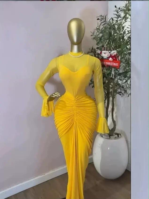 Yellow Mesh-Sleeve Ruched Mermaid