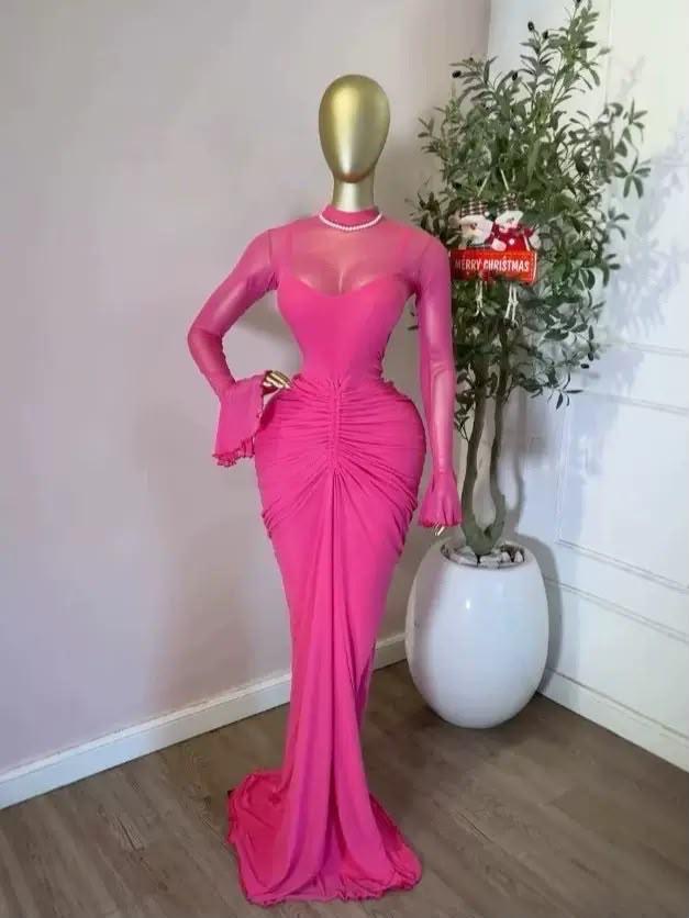 Fuchsia Mesh-Sleeve Ruched Mermaid