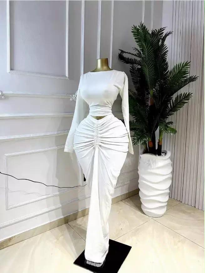 White Ruched Long-Sleeve Maxi
