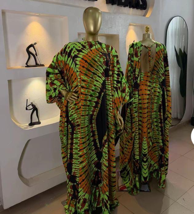 Green & Orange Feather Print Kaftan