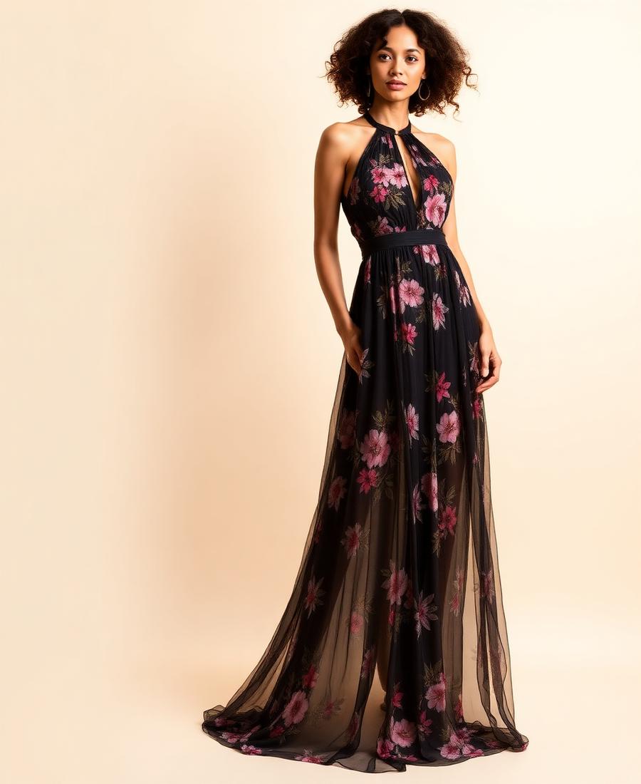 Floral Halter Mesh Maxi